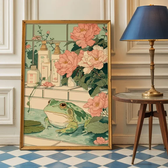 Japandi Frog Bathtub Poster Bathroom Animal Wall Art Decor, Matte Canvas Stretched, Posters for Room Bedroom Living Room Bathroom Wall Decor, Posters & Art Prints, Gift.