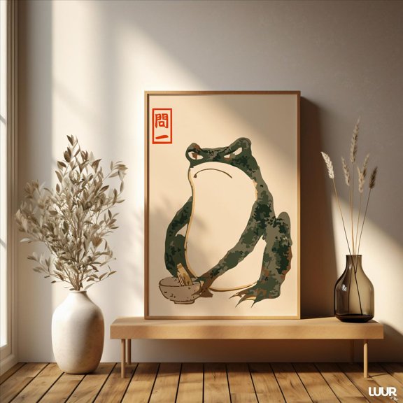 Japandi Frog Minimal Green Animal Wall Art, Stretched Canvas Size 16x24