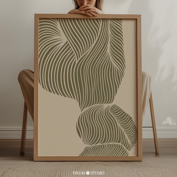 Japandi Inspired Abstract Flowing Lines Art Muted Green Sage Modern ...