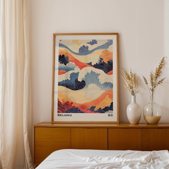 Japandi Japanese Wave Minimal Wall Art, Unframed Paper Print Size 8x12