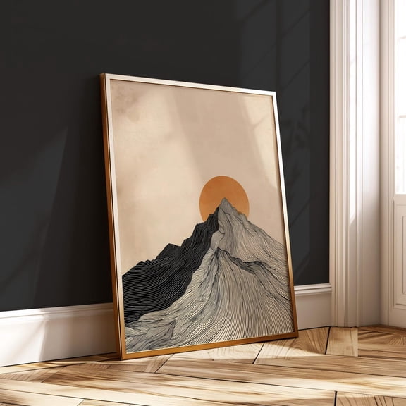 Japandi Mountain Peak Minimalist Line Art Sun Vertical Art