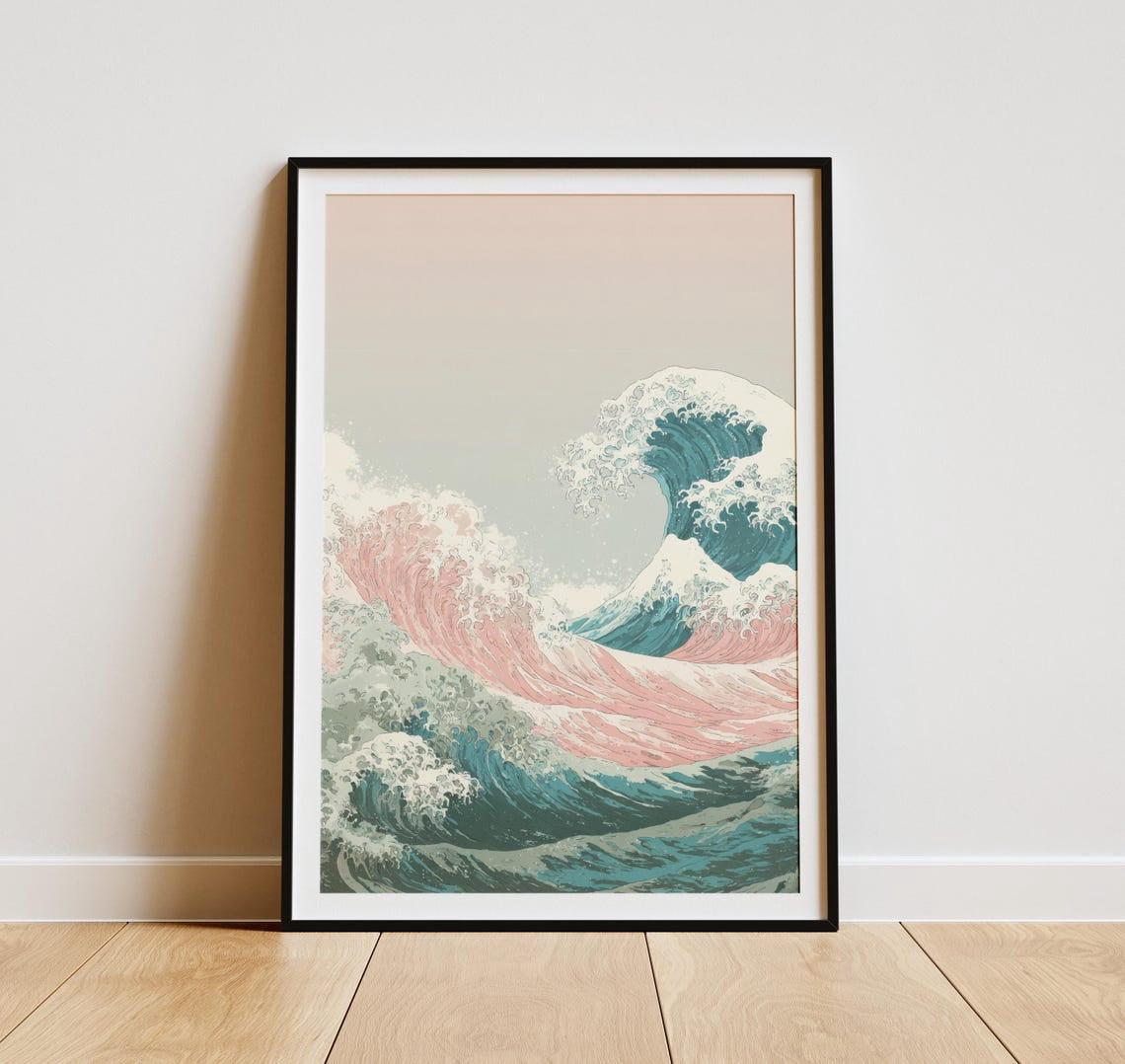 Japandi Ocean Wave Print, Pink And Blue Coastal Poster, Wall Art for ...