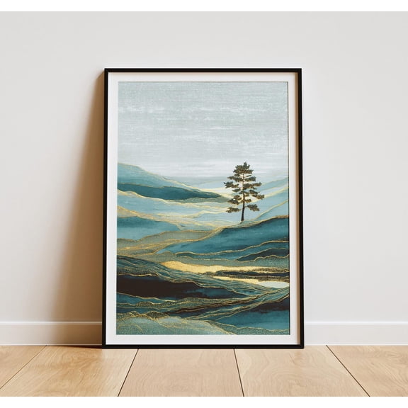 Japandi Pine Tree Print, Minimalist Zen Landscape With Gold Line Home Decor #1885, 8x12 UNFRAMED