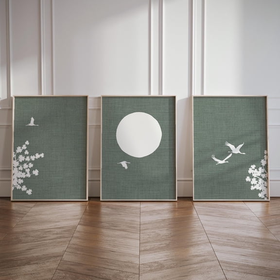 Japandi Posters Crane Birds Sun Blossom Triptych Wall Art 3-Piece Japanese Art Prints Set 3