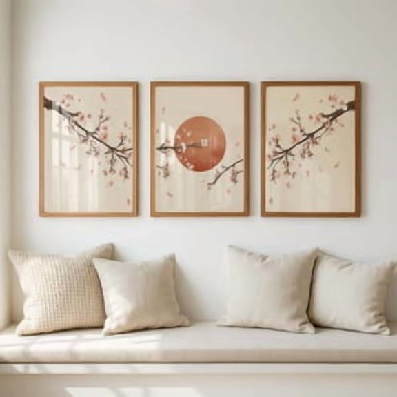 Japandi Sakura Triptych Wall Art, Set of 3 Cherry Blossom Prints, Japanese Sun Canvas, Minimalist Zen Neutral Living Room Decor, Poster Only