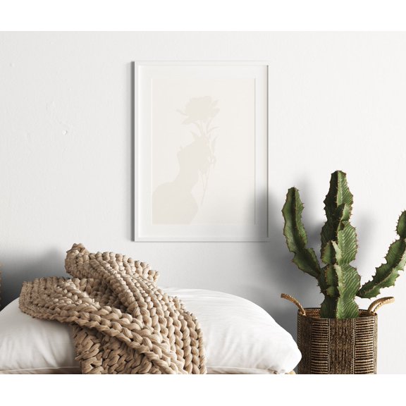 Japandi Shadow Work Floral Hand Wall Art Print, Neutral Decor