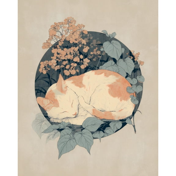 Japandi Sleeping Cat Poster, Minimalist Botanical Wall Art Print Home Decor #2012, 12x18 UNFRAMED