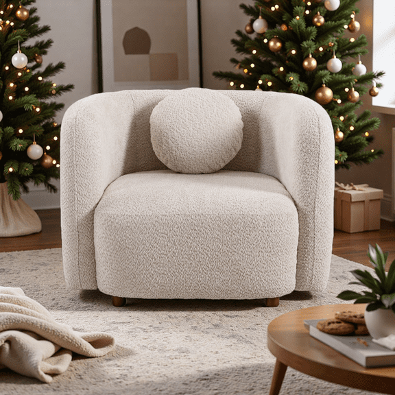 Japandi Style Accent Armchair, Boucle Fabric Upholstered Single Cloud Sofa Chair, Comfy 1-Seater for Living Room, Beige