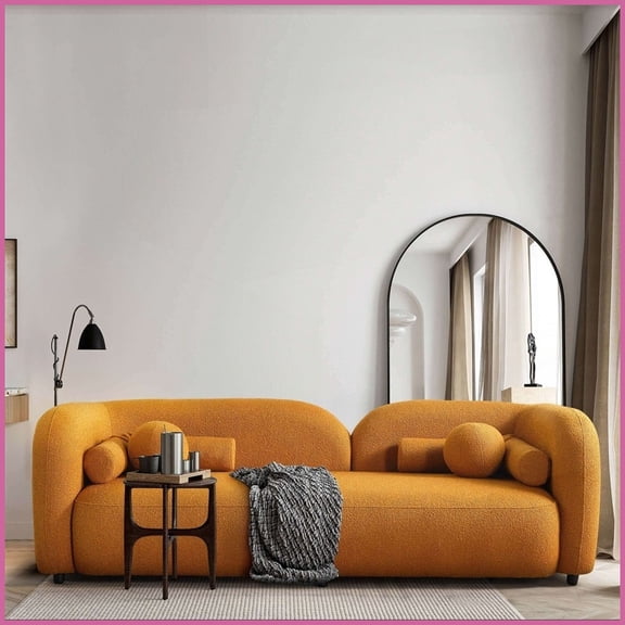 Japandi Style Boucle Sofa  Dark Yellow Rustic, 93x35x29.5 Inches, Comfortable Living Room Centerpiece