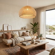 Japandi Wabi-Sab Large Dome Rattan Hanging Light Handwoven Wicker Pendant Lamp Ceiling Light