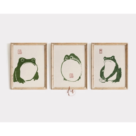 Japandi Wall Art Matsumoto Shoji Frog Japanese Print Wabi Sabi Decor Set 3 Stretched Canvas 12x18