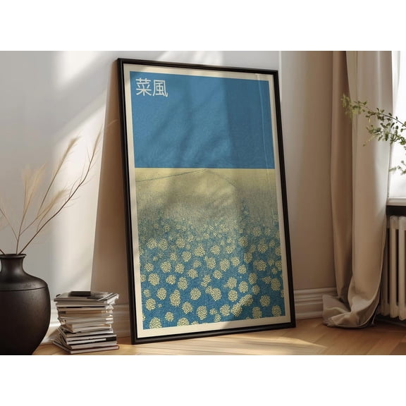 Japandi Wall Art Print Japanese Canola Field Minimalist Landscape Art Blue Yellow Nature Print