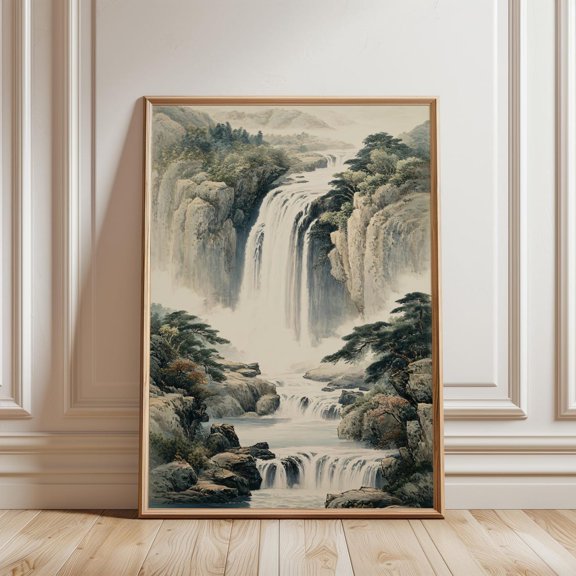 Japandi Waterfall Soft Ink Landscape Wall Decor Unframed Paper Print
