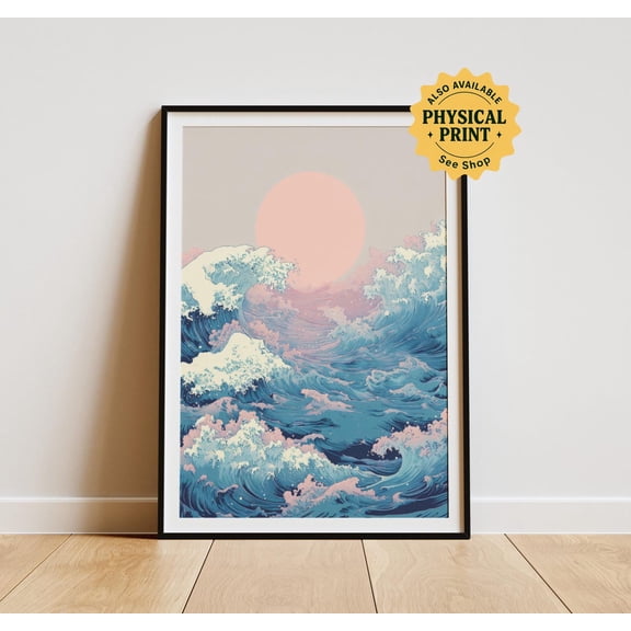 Japandi Wave Art Print, Pink Sun, Coastal Decor Unframed Paper Print