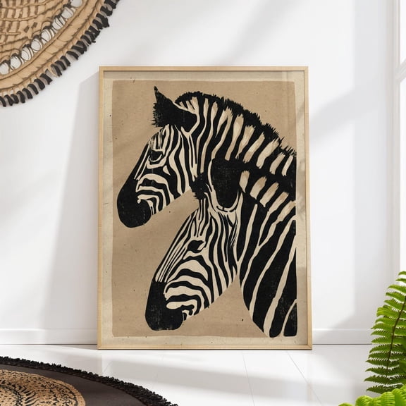 Japandi Zebra Wall Art Neutral Beige Woodcut Boho Safari Decor, Unframed Paper Poster 8x10in