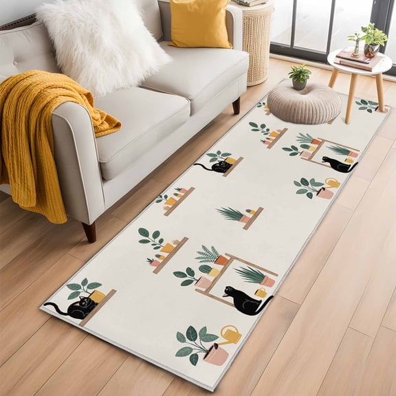 Japanese 2'x6' Runner Rugs for Hallway Kitchen Bedside Non Slip Washable, Farmhouse Cartoon Cats Green Vegetation Plants Entryway Rug Runners with Rubber Backing, Long Carpet Runner for Laundry Room