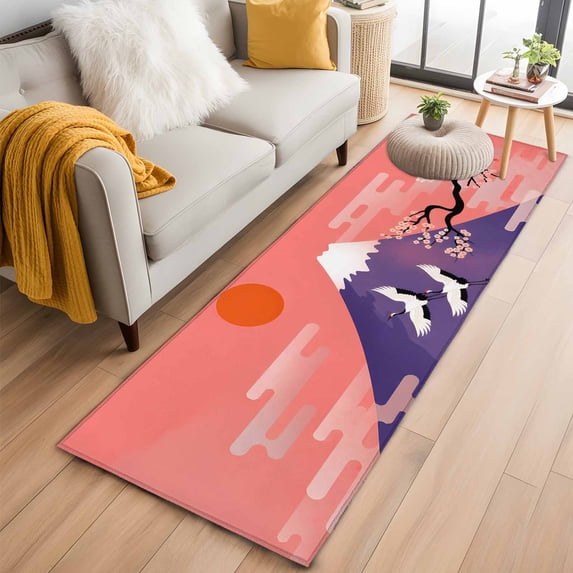 Japanese 2'x6' Runner Rugs for Hallway Kitchen Bedside Non Slip Washable, Nature Mountain Sun Blossoms Cherry Scenery Entryway Rug Runners with Rubber Backing, Long Carpet Runner for Laundry Room