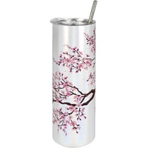 Japanese 20 Oz Skinny Tumbler, Branch of a Flourishing Sakura Tree Flowers Cherry Blossoms Spring Theme Art, Leak-Proof Straw Lid and Brush Vacuum Insulated for Outdoor Use, Pink Dark Brown