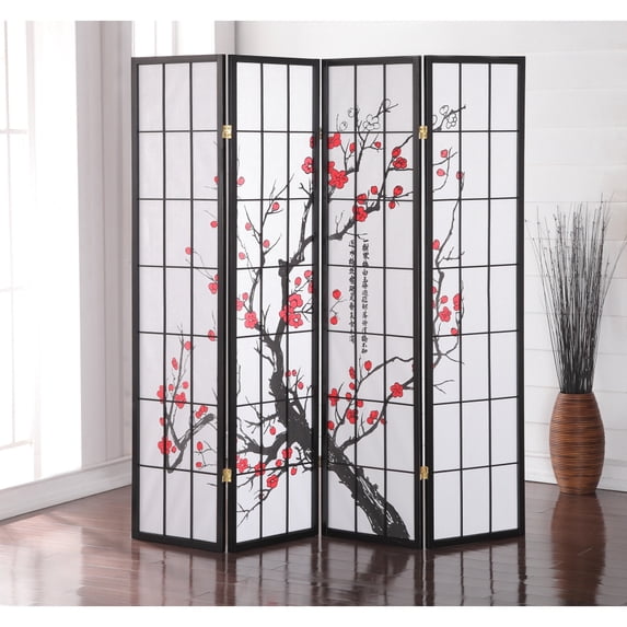 Japanese 4-Panel Room Divider Screen, Black Wood Frame, White Rice ...