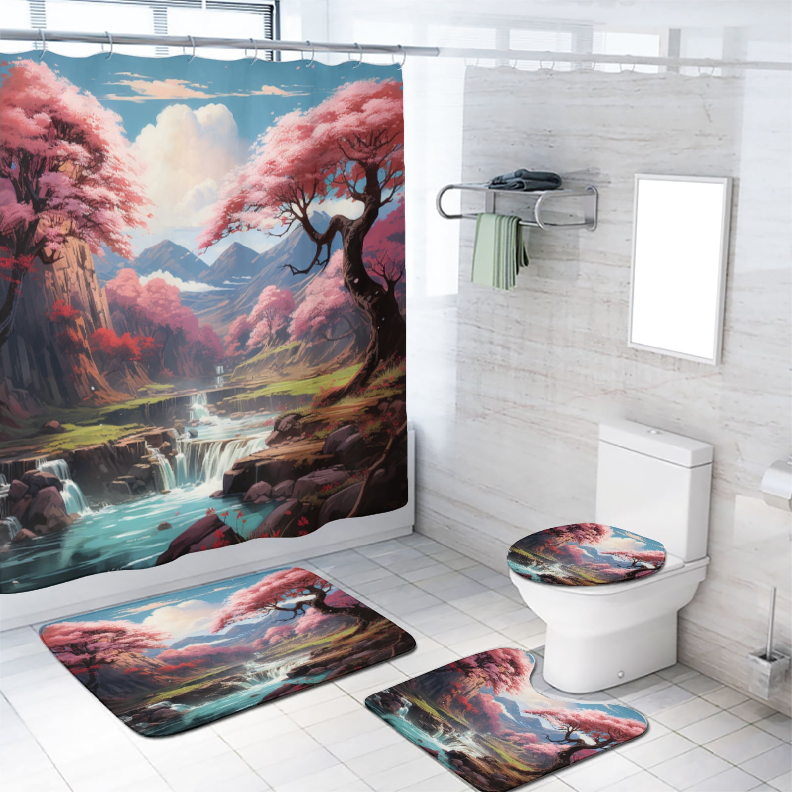 Japanese 4 Pieces Shower Curtain Set with Non-Slip Rug Asian Art Cherry Blossom Waterfall Mountain Waterproof Fabric Cloth Bath Curtain, Non-Slip Bathroom Rugs Bath Mats, 72x72 Inch
