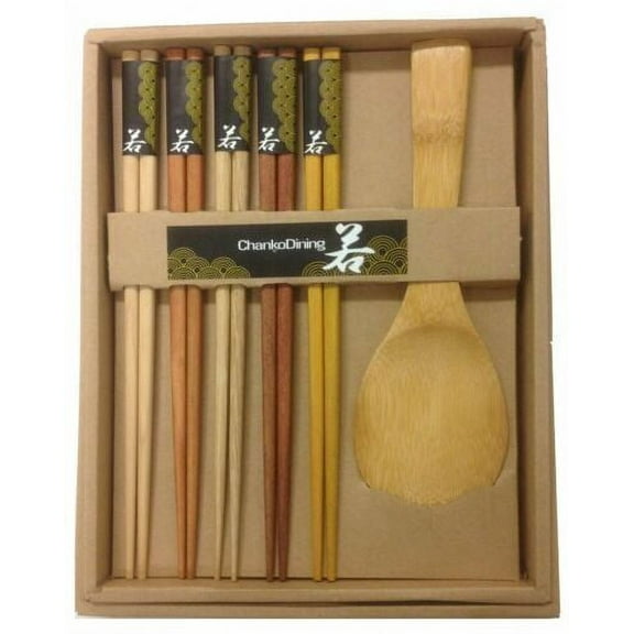 Japanese 5 Pair Of Natural Bamboo Chopsticks Set With Rice Paddle Great Gift