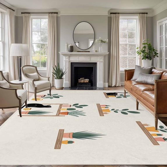 Japanese 5'x8' Area Rug for Living Room, Farmhouse Cartoon Cats Green Vegetation Plants Washable Non-Slip Rugs for Bedroom Nursery Dining Room, Low-Pile Kitchen Carpet Large Entryway Rugs