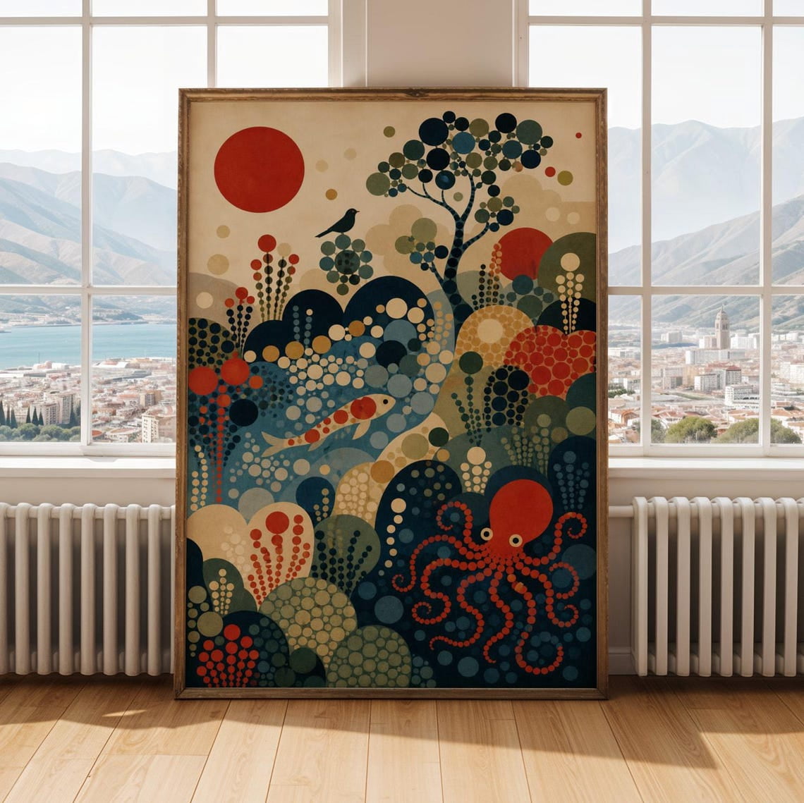 Japanese Abstract Ecosystem Wall Art Print, Cream Navy Modern Nature ...