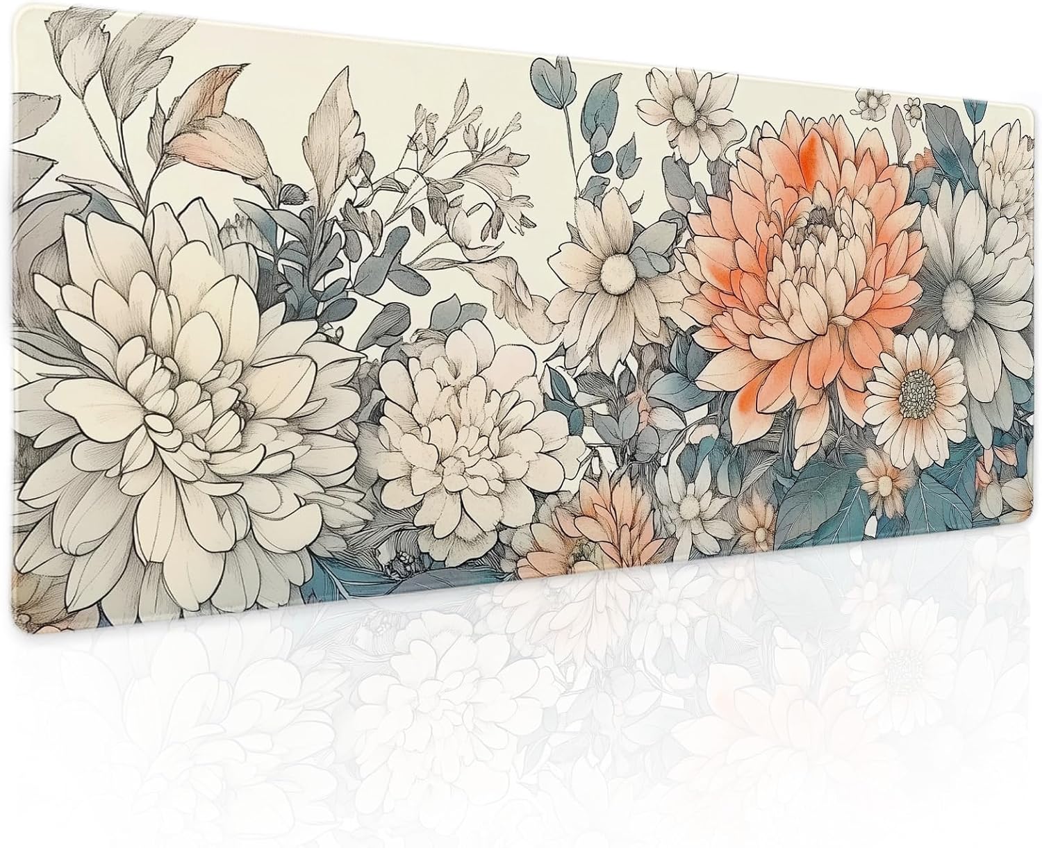 Japanese Aesthetic Floral Gaming Mouse Pad - XL Vintage Orange White Flowers, Extended Large Mat, Non-Slip Rubber Base, Stitched Edge, Long Keyboard Pad for Computer, 31.5x11.8 Inch