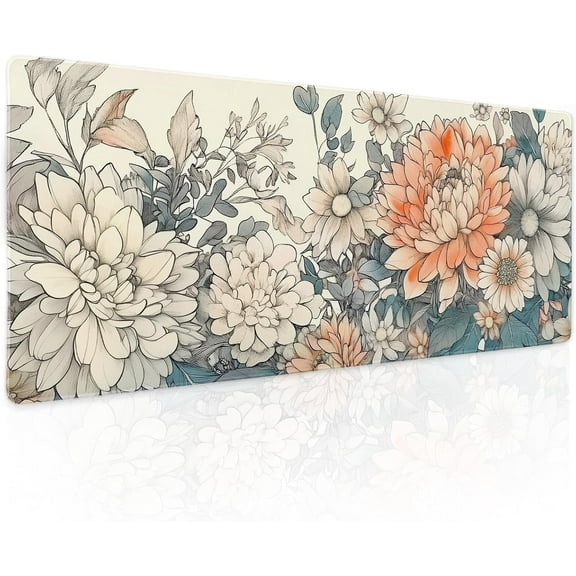 Japanese Aesthetic Floral Gaming Mouse Pad - XL Vintage Orange White Flowers, Extended Large Mat, Non-Slip Rubber Base, Stitched Edge, Long Keyboard Pad for Computer, 31.5x11.8 Inch
