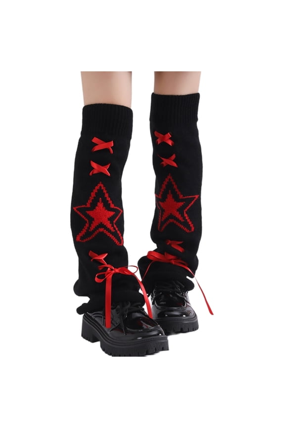 Japanese Aesthetic Knitted Leg Warmers with Star Pattern for Women Ribbon Lace Up Flared Foot Covers Knee Length Socks