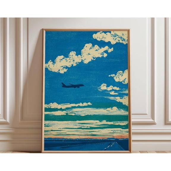 Japanese Airplane Blue Sky Cloud Illustration Minimal Aviation Wall Art, Unframed Paper Poster 8x10in