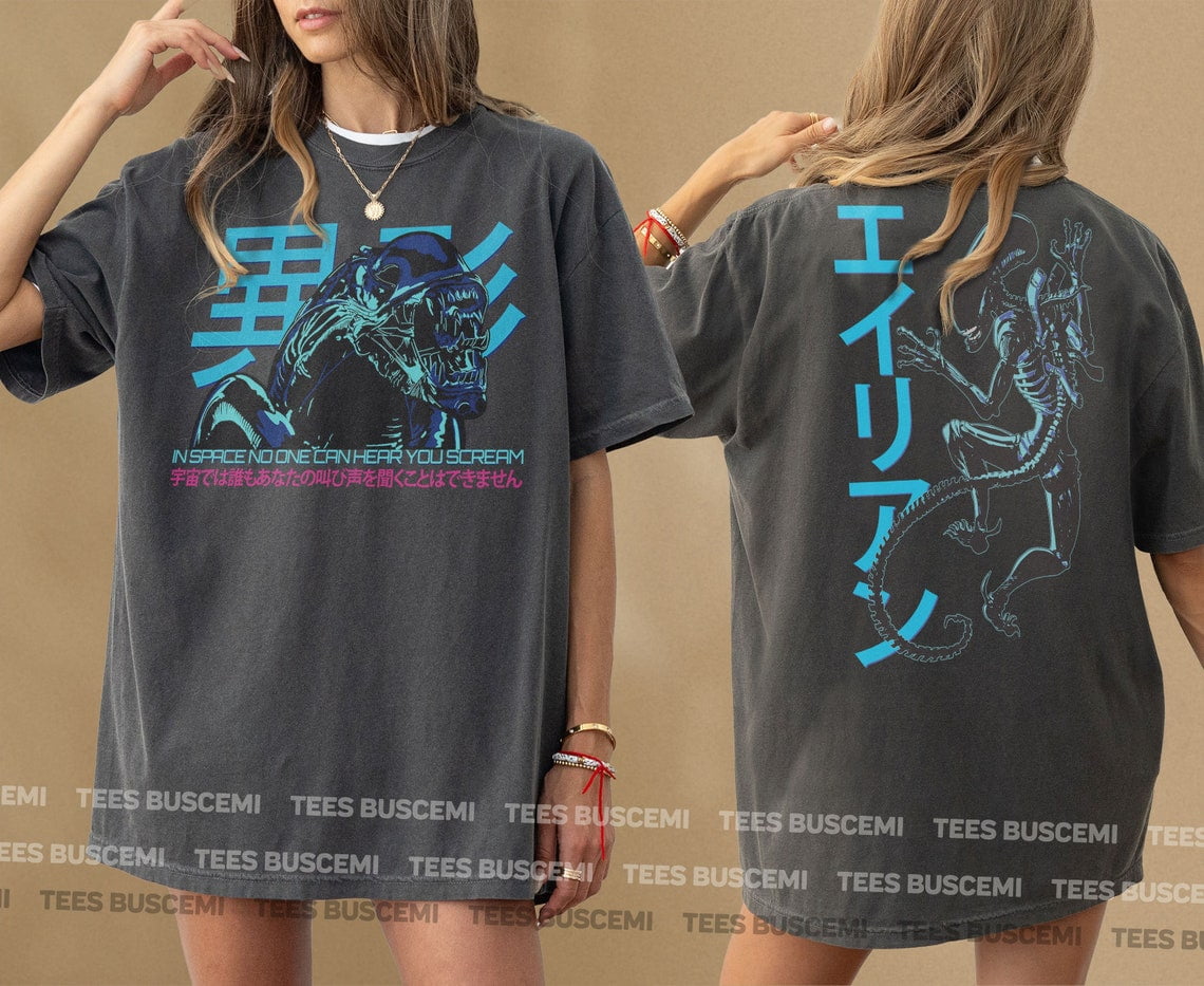 Japanese Alien Xenomorph T-Shirt, Retro Movie Graphic Tee Shirt, Aliens ...