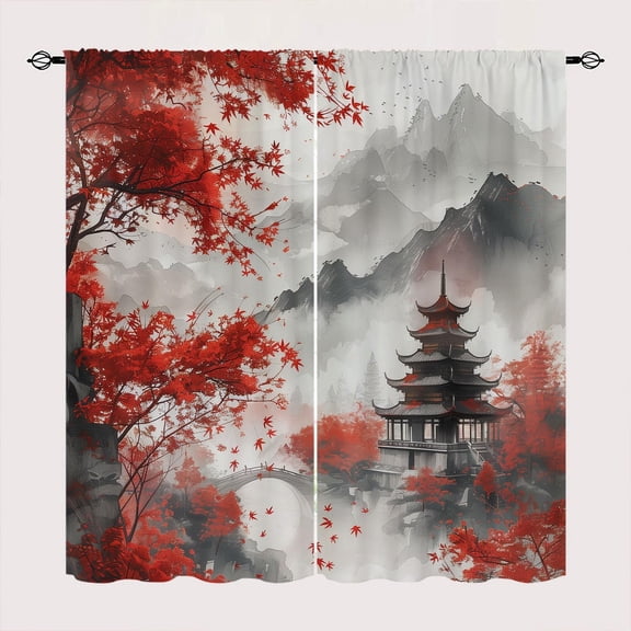 Japanese Anime Blackout Curtains for Kid Girls Boys Bedroom, Japanese Red Maple Leaves Mountains Rod Pocket Curtains for Bedroom Living Room, W84 x L84 Inch