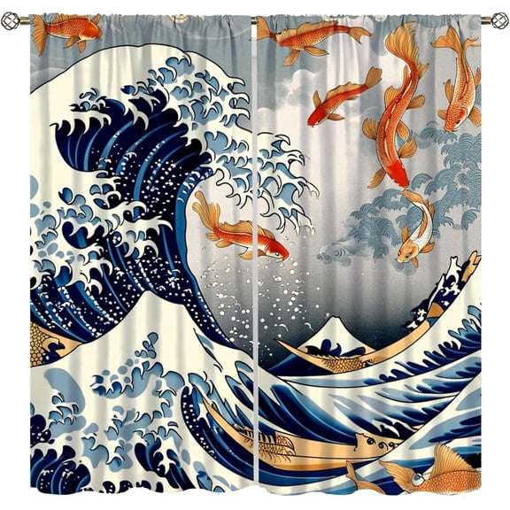 Japanese Anime Curtains,Asian Oriental Gold Koi Fish Japan Style Ocean Wave Nautical Ship Blackout Window Treatments,for Classroom Living Room Bedroom Kitchen Cafe Farmhouse 84" W X 84" L