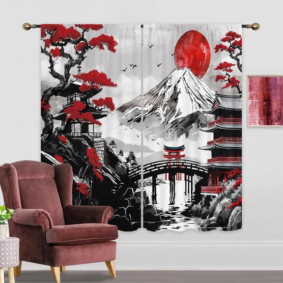 Japanese Anime Curtains for Bedroom Cherry Blossom Black Red Watercolor Floral Asian Chinese Mountain Nature Aesthetic 2 Panel 42Wx63H Inch Rod Pocket Window Treatment Set for Living Room Decor