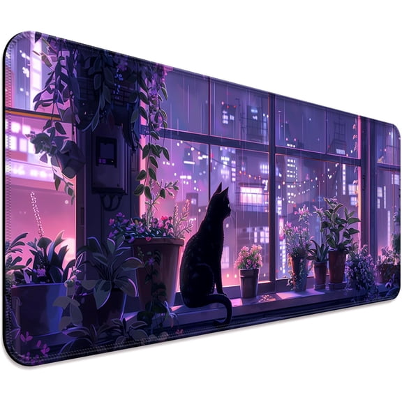 Japanese Anime Cute Cat and Plant Gaming Desk Mat, Computer Keyboard Large Extended Kawaii Animal Mouse Pad for Office and Home, 31.5×11.8 Inches, XL, Purple