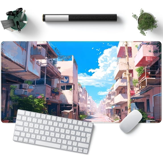 Japanese Anime Desk Mat XL Green Gaming Mouse Pad Cute Blue Sky Desk Pad Keyboard Desk Mat, Mousepad Suture Smooth Extra Desk Pad Gaming Large Mouse Pad for Full Desk Mouse Pad, 31.5x15.8in.