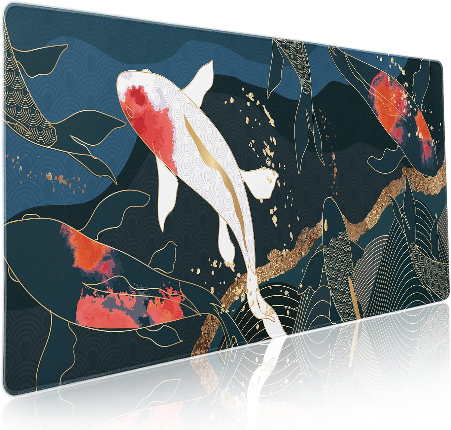 Japanese Anime Gaming Mouse Pad XXL Red White Koi Fish Art Blue Gold Texture Extended Big Large Desk Mat Non-Slip Rubber Base Stitched Edge Long Keyboard Mousepad for PC Computer Laptop,35.4×15.7 in