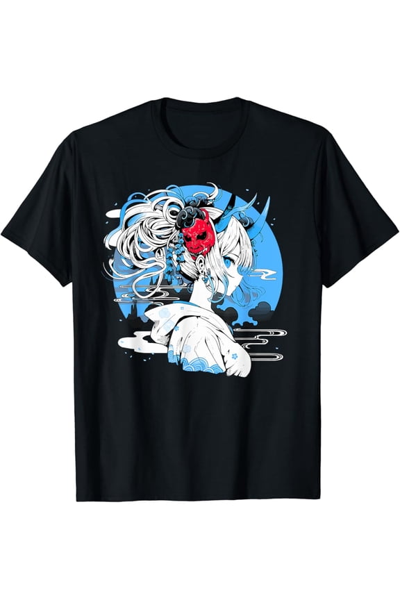 Japanese Anime Girl Beautiful Waifu Oni Mask Demon Graphic T-Shirt Vintage Tee -Birthday Gifts