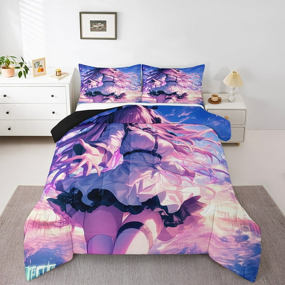 Japanese Anime Bedding 3D Anime Gifts Bedding Comforter Sets Queen Guys Japanese Manga Style Comforter Set, Cartoon Printed Kawaii Bed Set Romance Cherry Blossoms Quilt