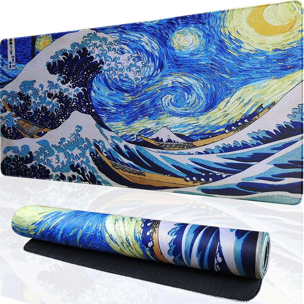 Japanese Anime Sea Waves Large Gaming Mouse Pad,with Non-Slip Rubber Base,Stitched Edges Extended Big Mouse Mat XL 35.4 x 15.7 inches for Office Gaming Home (gao 90x40)