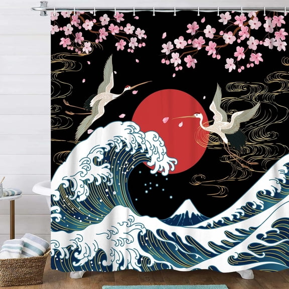 Japanese Anime Shower Curtain - Cherry Blossom Pink & Black Boho Vintage Art with Ocean Waves Red Sun White Crane Animal Bathroom Shower Curtain Waterproof Dark Bathroom Decor 71X71 Inch