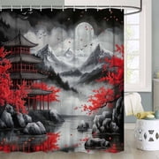Japanese Anime Shower Curtains, Traditional Oriental Ink Painting Plum Blossoms Pavilion Shower Curtains for Bathroom, Pretty Red Floral Mountains Landscape Bath Curtain Bathroom Decor,60X70in