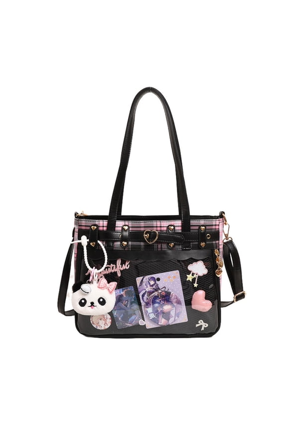 Japanese Anime Style Ita Bag for Women and Girls, Large Capacity Shoulder Crossbody School Commuter Bag, Heart Rivet Stripe Color-Block Tote