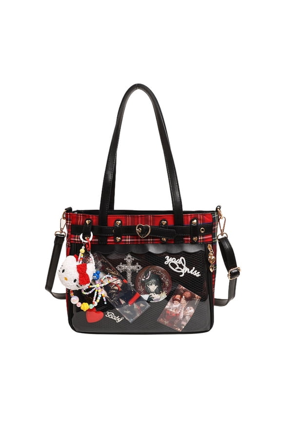 Japanese Anime Style Ita Bag for Women and Girls, Large Capacity Shoulder Crossbody School Commuter Bag, Heart Rivet Stripe Color-Block Tote