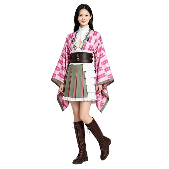 Japanese Anime Style Pink Kimono Cardigan and Pleated Skirt Cosplay Costume Set for Women Halloween Dress Up