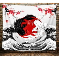 Japanese Anime Tapestry, Black and White Yin Yang Koi Fish Tapestry for Bedroom Aesthetic, Asian Wave Cherry Blossom Tapestries Poster Beach Blanket College Dorm Home Decor, 60X40in