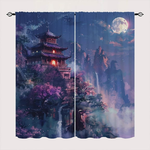 Japanese Anime Window Curtains for Kid Girls Boys Bedroom, Ncient Temple Purple Plum Blossoms Rod Pocket Window Drapes for Bedroom Living Room, W42 x L63 Inch