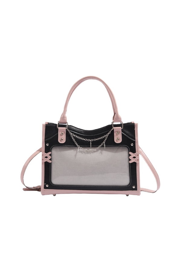 Japanese Anime Y2K Gothic Ita Bag for Women and Girls with Tie and Chain Elements, Large Capacity Sweet Punk Handbag Shoulder Crossbody Purse with Stitching Detail in Black-Pink for Daily Commute