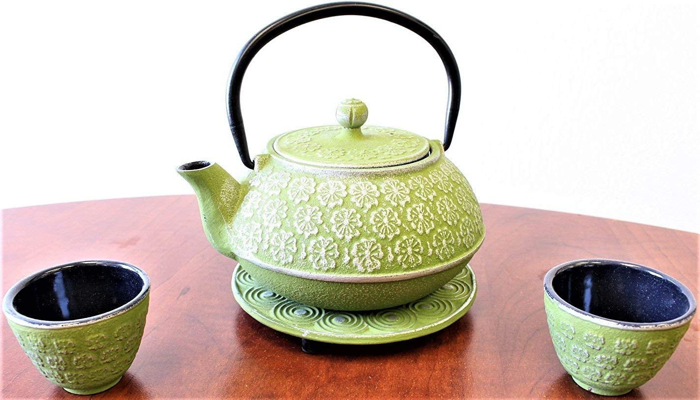 Japanese Antique 24 Fl Oz Green Primula Primrose Flower Cast Iron Teapot Tetsubin with Infuser Tea Set with Trivet EHD